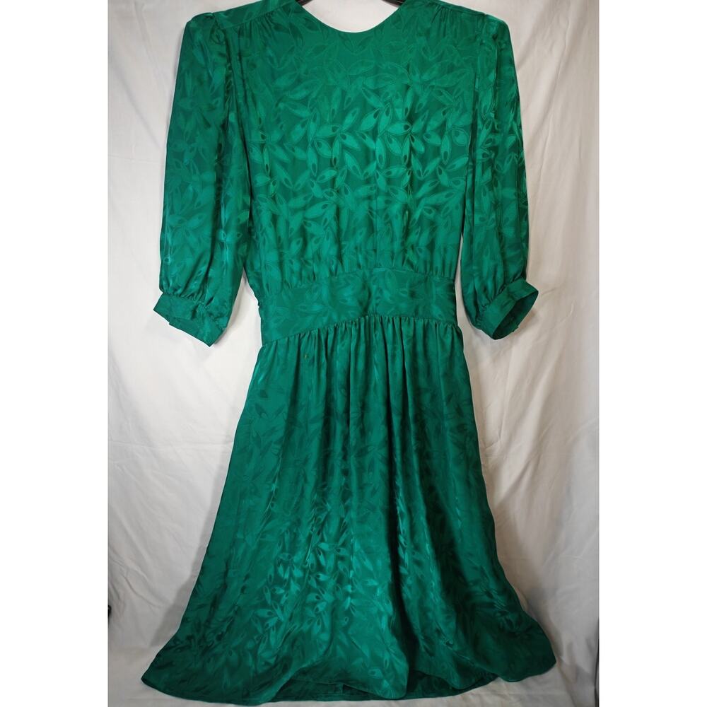 Vintage ARGENTI Women 6 Green Floral Midi Dress 100% Silk 80s Romantic Classic